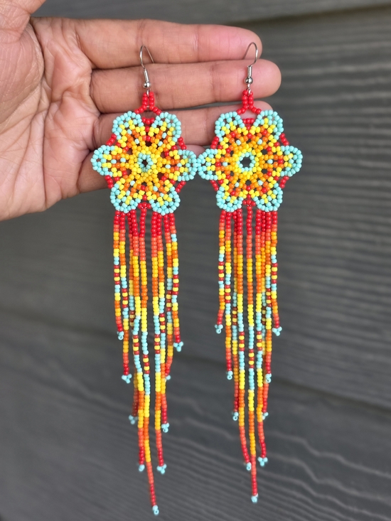 Handmade Jewelry - Handmade Fiery Floral Southwestern Boho Fringe Beaded Earrings - Orange Blue